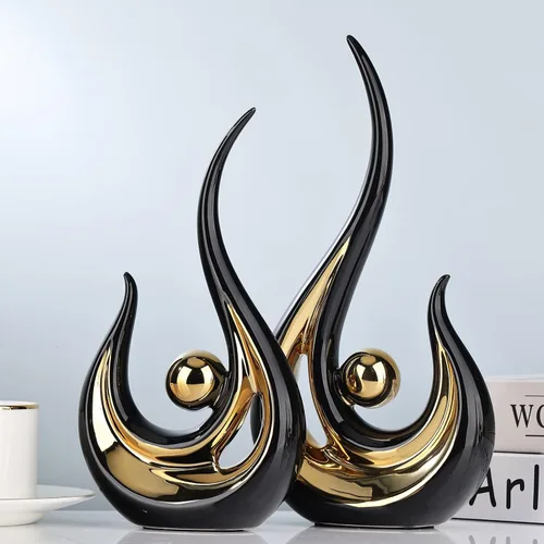 Vista 7 de XMGZQ 2 piezas Estatua de Arte Abstracto Moderno en Negro y Oro para Decoración de Mesa, Elegante Estatua de Cerámica para Acento de Decoración