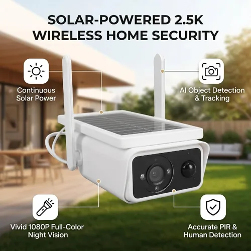 Vista 6 de Solar Security Camera Wireless Outdoor, 3MP 2.5K, AI Human & Vehicle Detection, 360 PTZ View, Color Night Vision, PIR Sensor