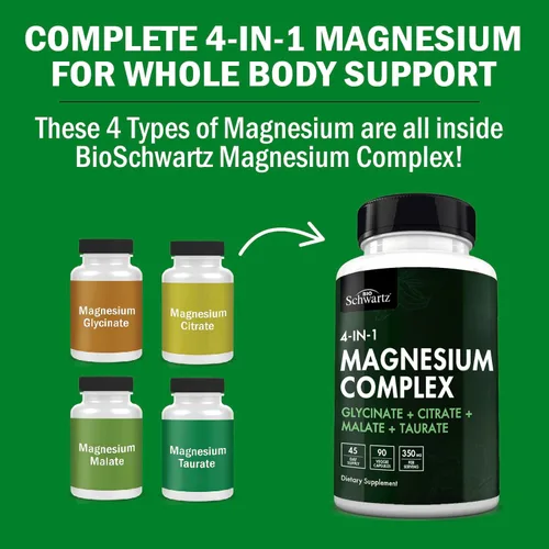 Vista 4 de BioSchwartz Suplemento complejo de magnesio (90 cápsulas) 350 mg de citrato de glicinato de magnesio malato y taurato por porción para nervios