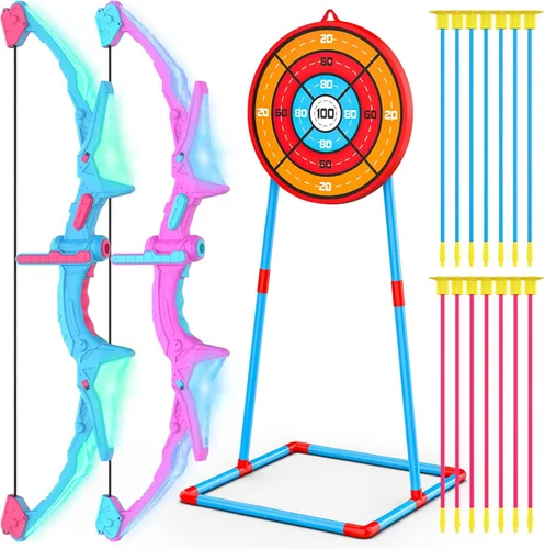 Vista 9 de Paquete de 2 conjuntos de arco y flecha para niños, conjunto de tiro con arco con luces con 14 flechas de ventosa, objetivos de tiro con arco