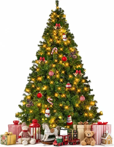 Vista 10 de Árbol de Navidad preiluminado de 6 pies con 250 luces LED de colores, árbol de Navidad artificial completo, 1000 puntas de ramas, con bisagras