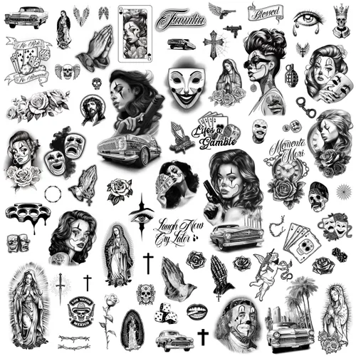 Vista 7 de Los Vatos Chicano Vol. II - Cholo y Chola Tatuajes Temporales Para Hombres Mujeres, Payasa, Lowrider, Virgen María, Oración, Cruz, Chicana