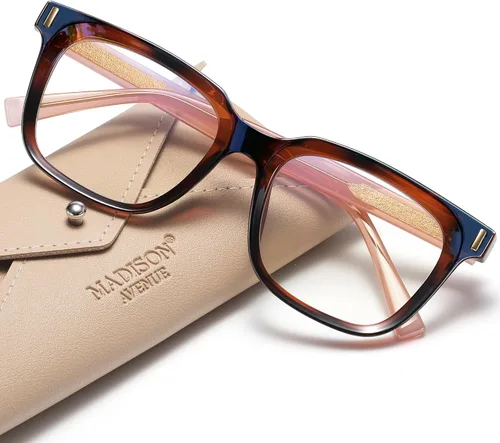Vista 9 de Madison Avenue Gafas de bloqueo de luz azul con estilo cuadrado de moda para mujeres con estuche, elegantes gafas antirreflejos para computadora