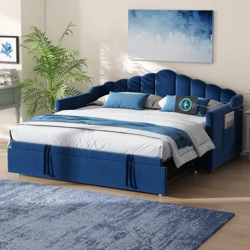 Vista 9 de Bellemave Sofá cama tapizado de tamaño individual con nido desplegable, marco de cama de día individual con puertos de carga USB y tipo C, sofá cama