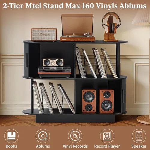 Vista 5 de Soporte moderno para tocadiscos con almacenamiento de vinilo, soporte de almacenamiento para tocadiscos negro de 40 pulgadas con puerta corredera