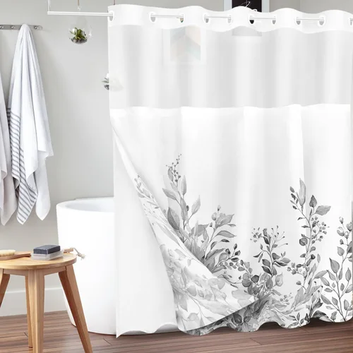 Vista 95 de Tititex - Juego de cortinas de ducha de eucalipto negro, hojas de acuarela gris en la parte superior, con decoración floral de baño, 60 x 72
