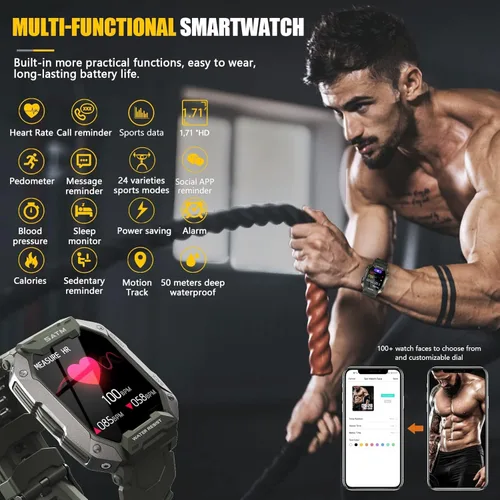 Vista 3 de Relojes inteligentes para hombres, reloj de fitness de 1.71 pulgadas con monitor de presión arterial de frecuencia cardíaca, reloj inteligente