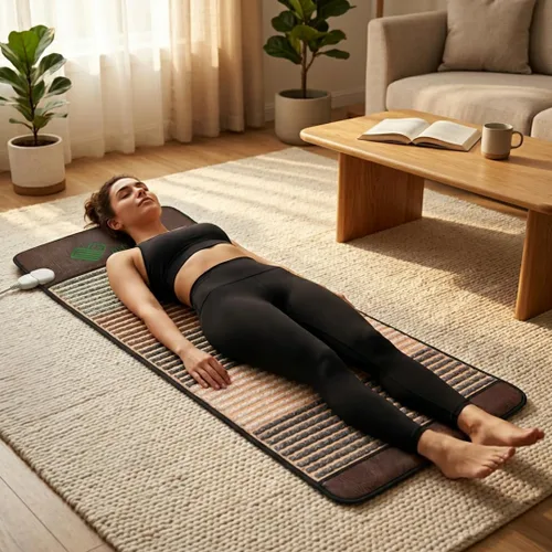 Vista 4 de PHYMAT Alfombrilla térmica de infrarrojo lejano de 59 x 23.6 pulgadas, 4 piedras preciosas naturales y cerámica turmalina, almohadilla de meditación