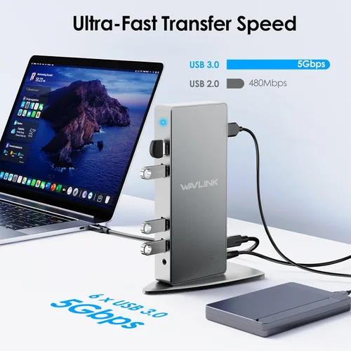 Vista 8 de [Usado] Estación de acoplamiento DisplayLink de doble monitor, WAVLINK 14 en 1 USB-C/A para laptop con HDMI 2x5K, DP 2x5K, Ethernet de 1000 Mbps, 6