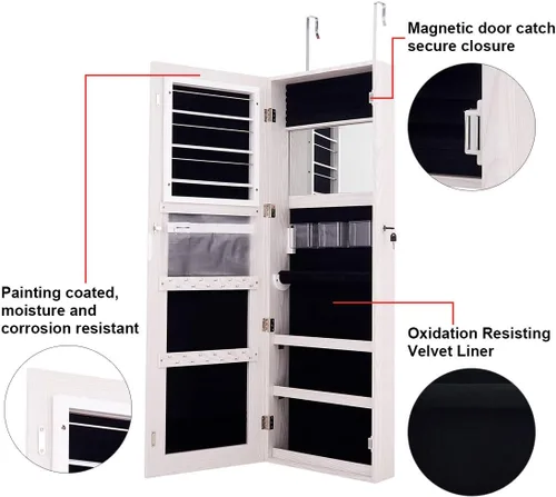 Vista 6 de Giantex Armario de joyería montado en la pared armario de joyería con cerradura con pantalla completa espejo más grande y ancho de 16 pulgadas caja