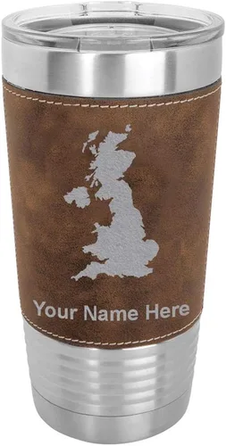 Vista 14 de LaserGram 20oz Vacuum Insulated Tumbler Mug, Country Silhouette United Kingdom, Personalized Engraving Included (Faux Leather, Baseball Style)