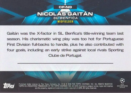 Vista 2 de 2015-16 Topps UEFA Champions League Showcase Pedigree #CP-NG Nicolas Gaitan