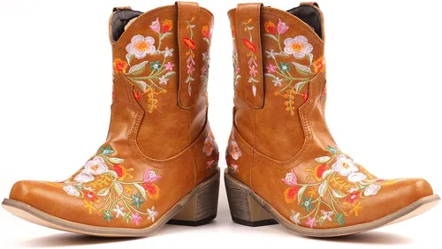 Vista 4 de SO SIMPOK Botas vaqueras para mujer, botas occidentales con bordado de flores, tacón grueso retro, botines cortos para montar