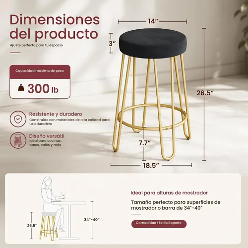 Vista 2 de Yaheetech Juego de 2 taburetes de bar, taburetes de terciopelo con patas