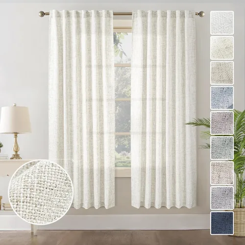 Vista 33 de Cortinas de Lino Natural Color Crema de 84 Pulgadas de Largo para Sala de Estar, Juego de 2 Paneles de Lino Texturizado con Trabillas Traseras