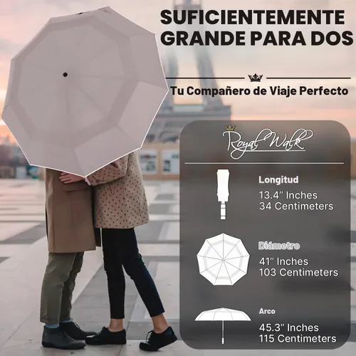 Vista 2 de Royal Walk Paraguas plegable resistente al viento, viaje compacto y fuerte, lujoso, mango de madera real, apertura y cierre automático, doble toldo