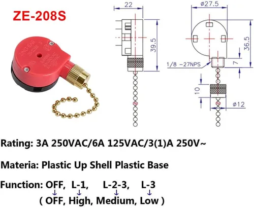 Vista 2 de Zing Ear ZE-208s Interruptor de cadena de tracción, interruptor de control de 3 velocidades compatible con ventiladores de techo, lámparas y luces