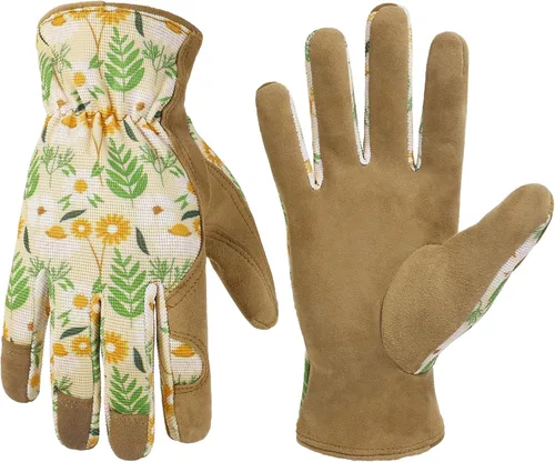 Vista 14 de HANDLANDY Guantes de trabajo para mujer, guantes de jardinería de cuero transpirable para mantenimiento de patio, protección de manos con pantalla