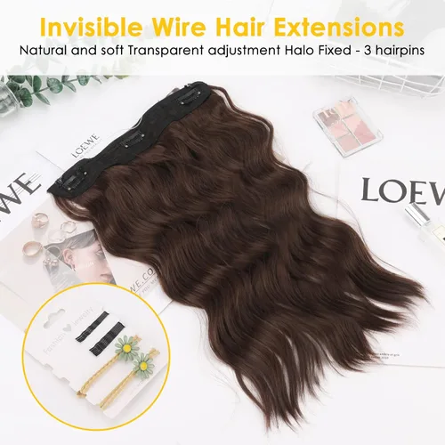 Vista 2 de Extensiones de cabello con alambre invisible con alambre transparente, tamaño ajustable, 3 clips de seguridad, largo, ondulado, sintético, postizo