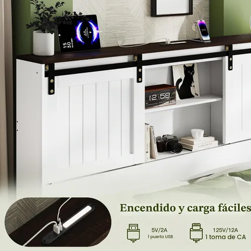 Vista 5 de Marco de cama tamaño Queen con cabecera de almacenamiento, luces de lectura, color blanco Blanco antiguo