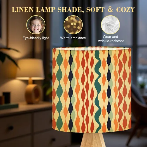 Vista 5 de Tripod Table Lamp Retro Checkered Peel Stick Geometric Abstract Modern 1970s Bedside Lamps Small Lamp Nightstand Lamp with Linen Lampshade Table
