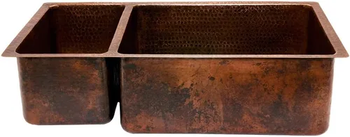Vista 2 de Premier Copper Products K25DB33199 - Fregadero de cocina de cobre martillado de 33 pulgadas, 25/75, bronce aceitado