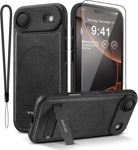 Vista 17 de WTCASE Funda magnética de piel para iPhone 17, soporte invisible integrado [compatible con Magsafe], funda protectora delgada con función atril