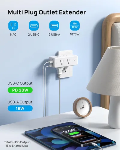 Vista 2 de TROND 2 Pack Outlet Extender with 360 Rotating Plug and PD20W USB C Charger Blanco