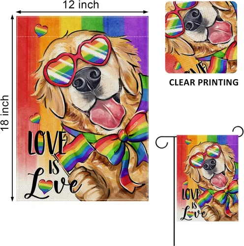 Vista 2 de Love is Love Golden Retriever Dog Rainbow - Bandera decorativa para jardín, decoración exterior del mes del orgullo de mascotas LGBTQ