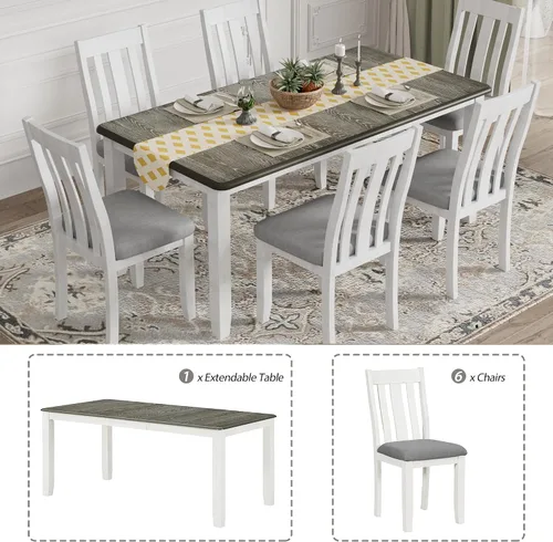 Vista 2 de RUNWON Juego de comedor retro de madera de 7 piezas con mesa extensible y 6 sillas tapizadas para el hogar, marrón antiguo y blanco Marrón