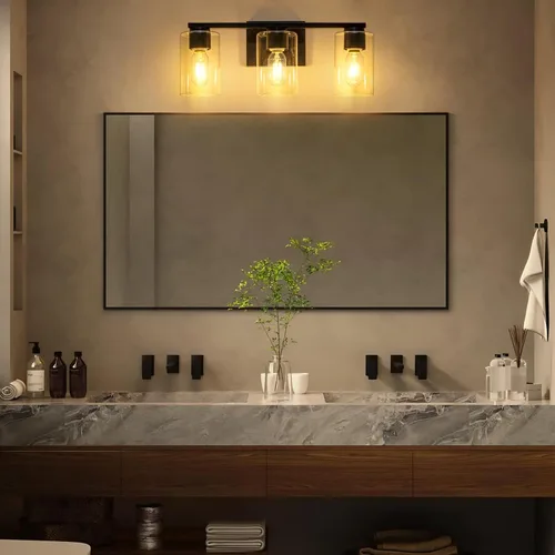 Vista 7 de WILON Lámpara de tocador de baño, 3 luces de tocador modernas de color negro claro con apliques de pared de vidrio transparente con vidrio