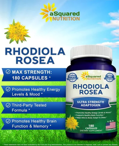 Vista 3 de aSquared Nutrition Rhodiola Rosea Suplemento 1000 mg – 180 cápsulas veganas – Pastillas de extracto de raíz de Rhodiola de máxima fuerza que mejoran