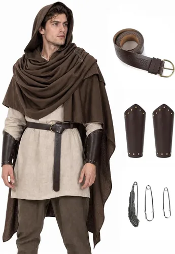 Vista 13 de JPXH Conjunto de bufanda con capucha con cinturón y muñequeras para cosplay medieval Marrón