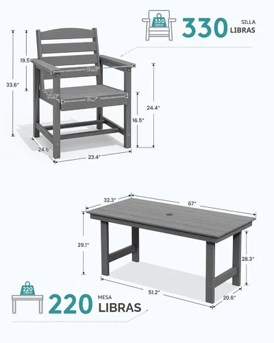 Vista 4 de SERWALL Juego de Mesa de Comedor de HDPE para Exteriores, Juego de 7 Piezas de Mesa de Comedor al Aire Libre con Mesa con Corte para Agujero de Gris