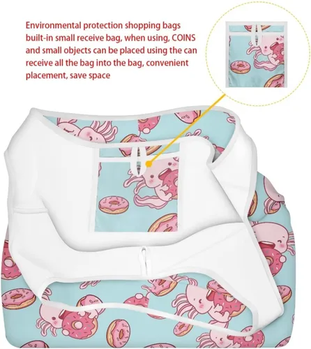 Vista 6 de Belidome Bolsa de comestibles con diseño de donas de ajolotl para compras, lavable, reutilizable, con bolsillo para asa