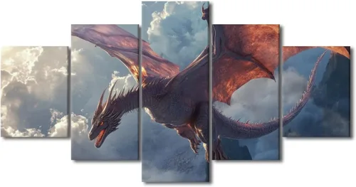 Vista 10 de Lienzo decorativo para pared de sala de estar, lienzo de dragón, 5 paneles, dragón verde, decoración de pared para el hogar, decoración de pared