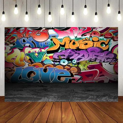 Vista 13 de Telones de fondo de fotografía de graffiti de 5 x 3 pies, colorido hip hop urbano temática sesión de fotos de regreso a la fiesta temática