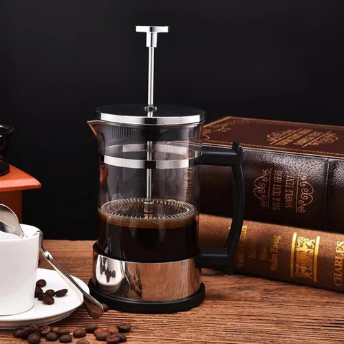 Vista 3 de Cafetera de prensa francesa, jarra de vidrio de borosilicato de 11.8 onzas, cafetera de prensa francesa, cafetera y tetera con filtros triples