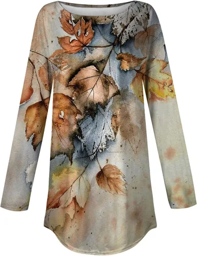 Vista 5 de Blusa de otoño para mujer, de manga larga, cuello redondo, para invierno, étnico, floral, ajuste holgado, sudadera de moda