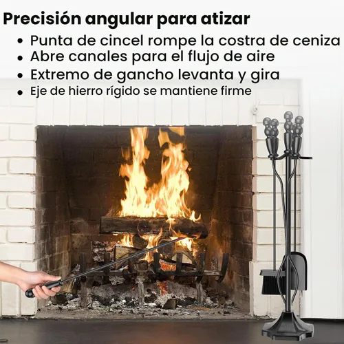 Vista 7 de GameXcel - Juego de herramientas para chimenea de 5 piezas, juego de herramientas de accesorios para chimenea con soporte, hierro forjado de 32