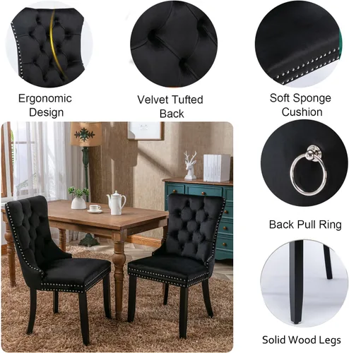 Vista 7 de Juego de 4 mesas de comedor extensibles, mesa de comedor rústica marrón y 4 sillas de comedor de terciopelo negro con patas de madera, juego de mesa