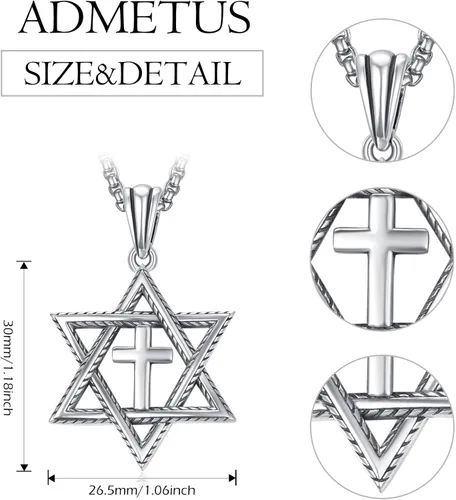 Vista 2 de ADMETUS Regalos para el día de San Valentín para él, collar de estrella de David de plata de ley 925, colgante hexagonal de estrella judía Estrella
