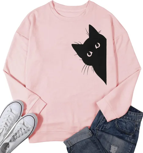 Vista 5 de FRYAID Sudadera con capucha ligera de manga larga con estampado de gato para mujer
