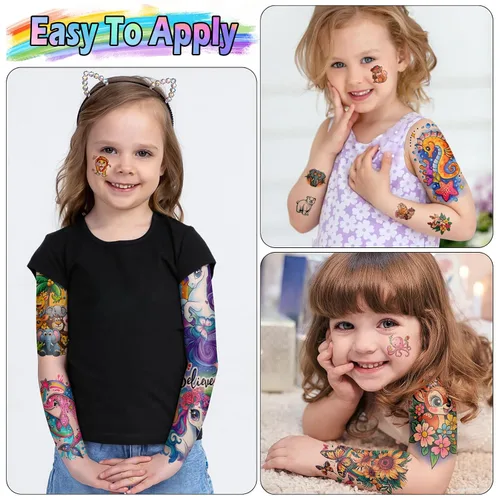 Vista 4 de 52 hojas de tatuajes temporales para niños, manga completa, dinosaurio, unicornio, tiburón, delfines, elefante, animal, cara, tatuajes falsos