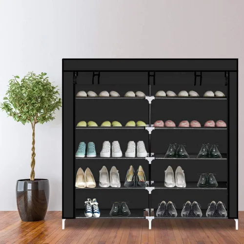 Vista 2 de Organizador de almacenamiento de zapatos de 7 niveles, 36 pares de zapateros portátil de doble fila, estante de armario, torre para armario con Negro