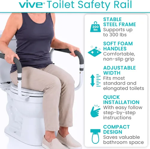 Vista 2 de Vive Barandilla de seguridad para inodoro - Barra de agarre ajustable - Marco de soporte compacto con pasamanos para asiento de inodoro de baño