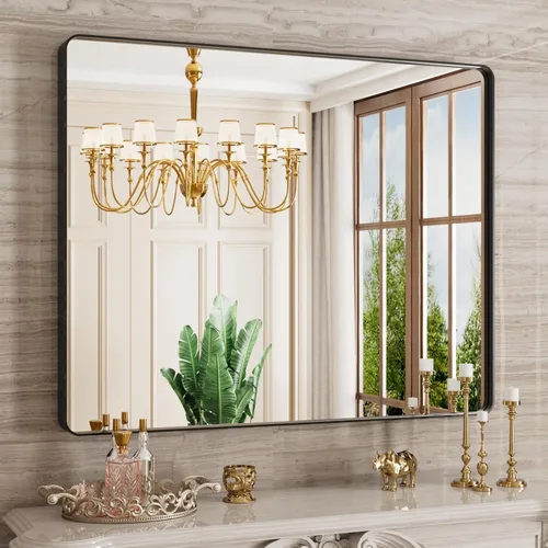 Vista 28 de JISOSO - Espejo de baño negro de 20x30 pulgadas con marco de metal negro, espejo de tocador rectangular redondeado con acabado mate para pared