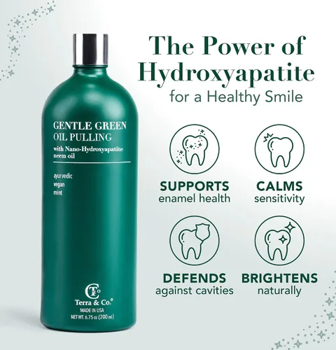 Vista 2 de Terra & Co. Nano hidroxiapatita suave aceite verde - Enjuague bucal natural vegano para la salud de los dientes y las encías - Sin alcohol y sin