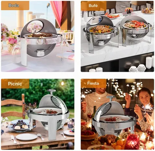 Vista 2 de ROVSUN Juego de Chafing Dish de Buffet con Tapa Enrollable, 6 QT Chafer Redondo de Acero Inoxidable para Catering, Servidores de Buffet y Plateado