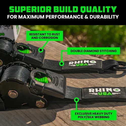 Vista 4 de Rhino USA Correas de carraca retráctiles (paquete de 2) - 2 pulgadas x 3 metros (1,376 kg de fuerza de rotura) - Correas de amarre auto-retractiles